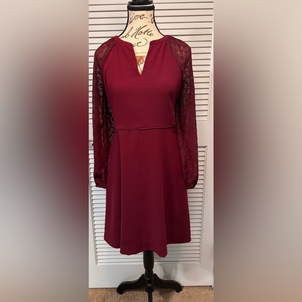 Ann Taylor Elegant Burgundy Dress with Sheer Sleeves